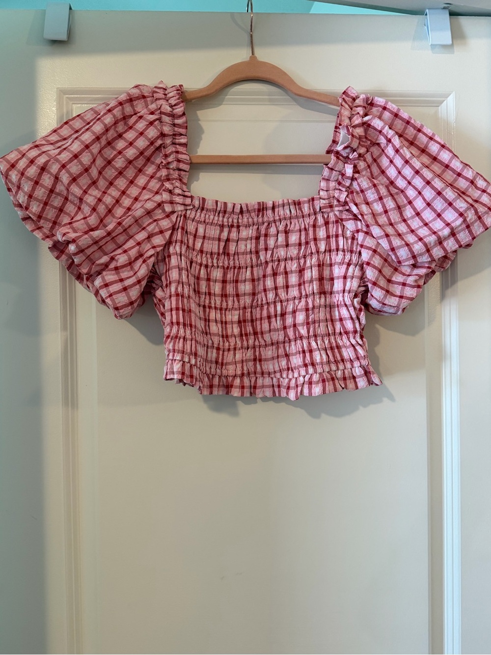English Factory Pink Plaid Smocked Off-Shoulder Crop Top
